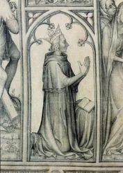 Parement z Narbonne, fragment modlącego się Karola V (1338-80), ok. 1375 (grisaille na jedwabiu) (detal z 83469)